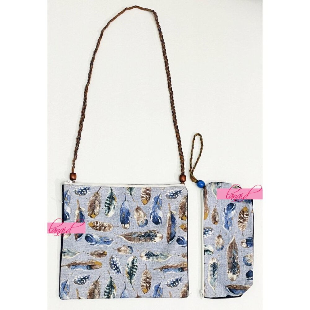 HANDMADE BUNDLE Blue Feather Beaded Rustic Crossbody Bag Wristlet Corduroy Set